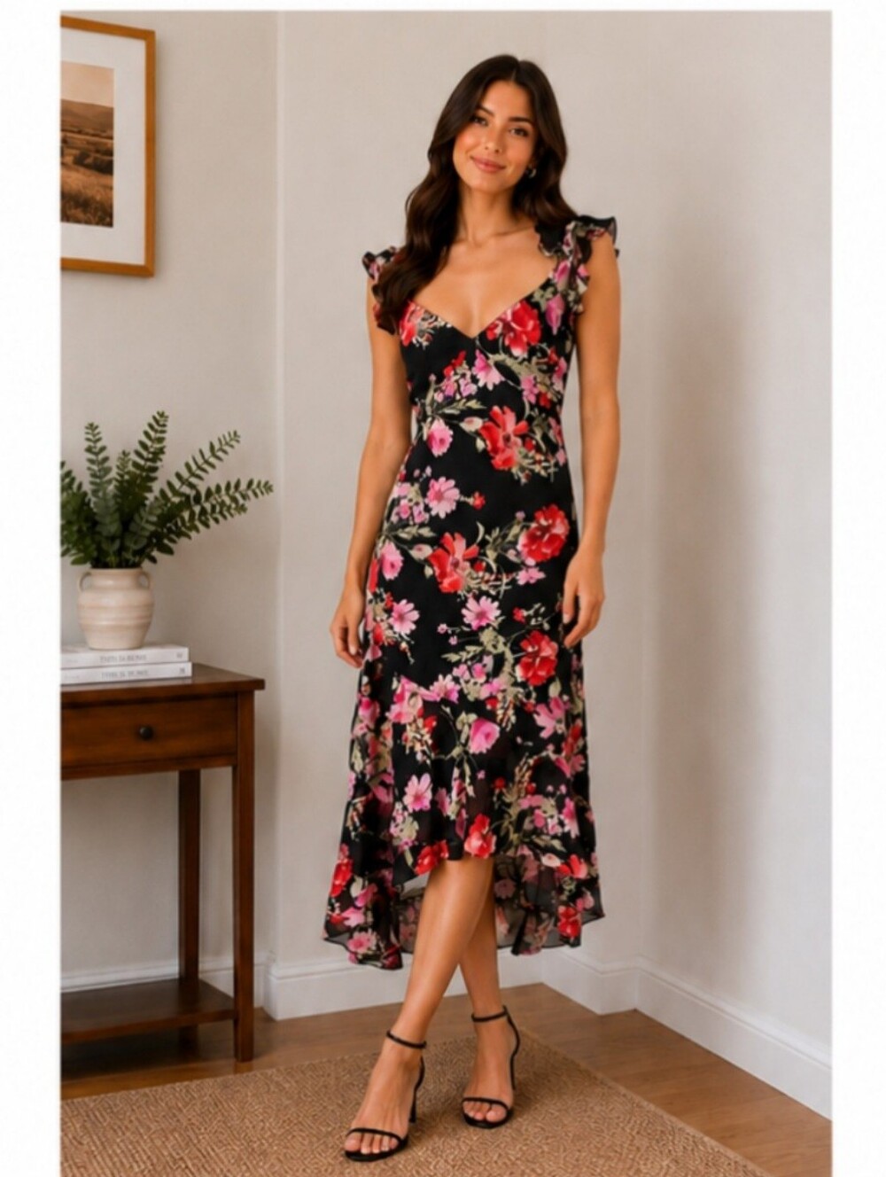 Speechless Floral Flutter Sleeve High Low Maxi Dress Black Pink Small